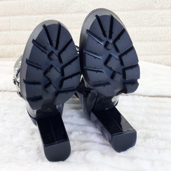 Shiney Black Patent Lug Sole Studded Strap Ankle Boots Temptress - Picture 12 of 12